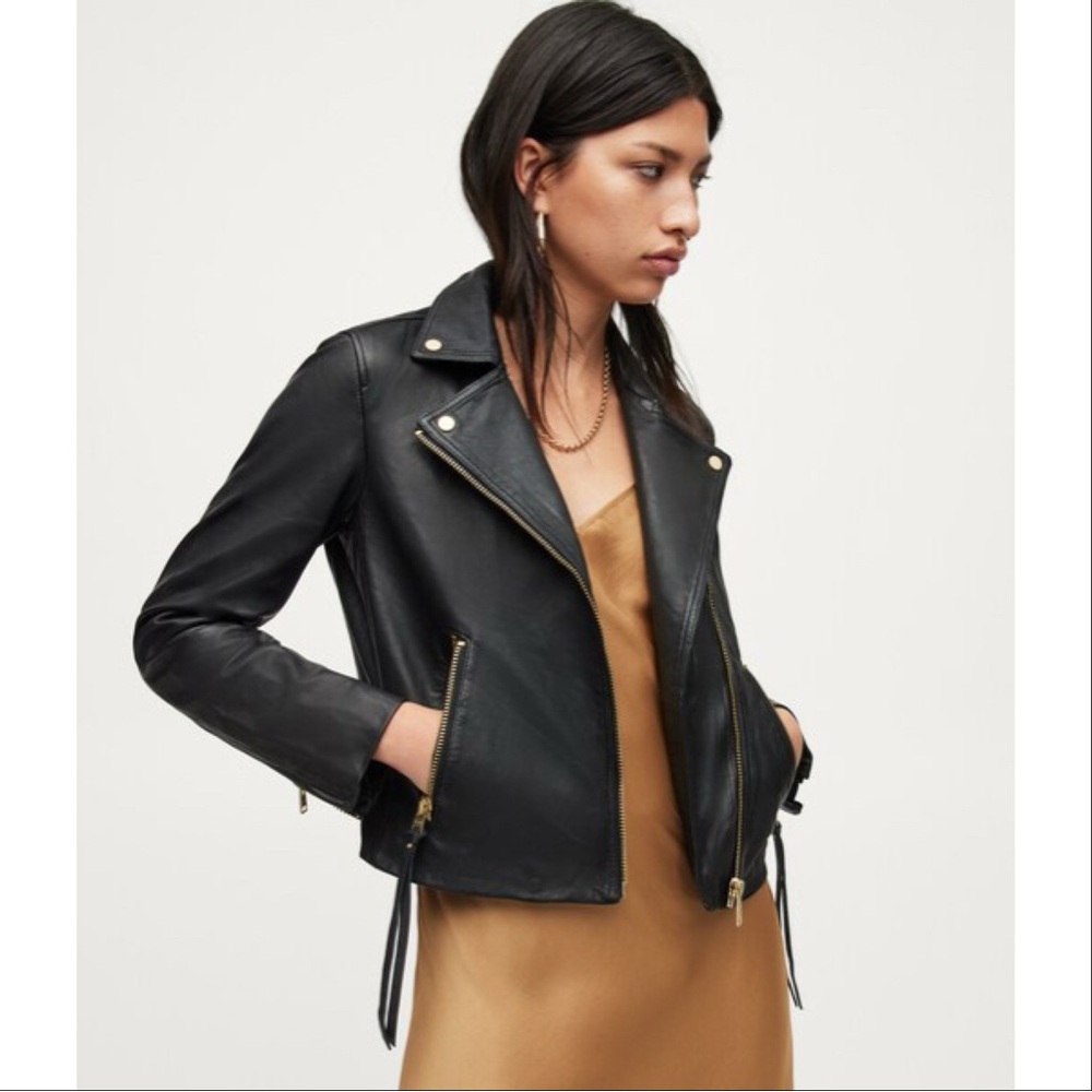 NWT Allsaints Dalby Leather Biker Jacket Black/Gold Size 10US